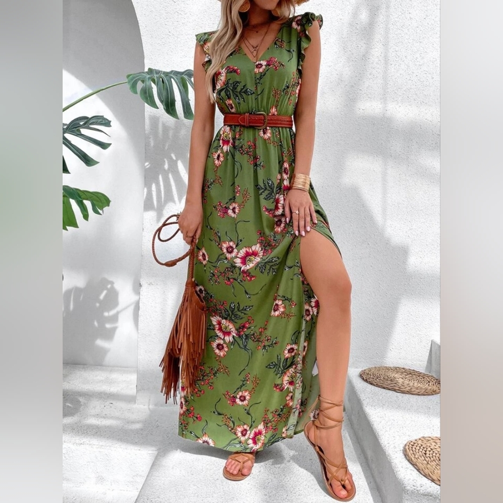 Boho VCAY Floral Print Ruffle Trim Slit Thigh Dress Size L Olive Without…